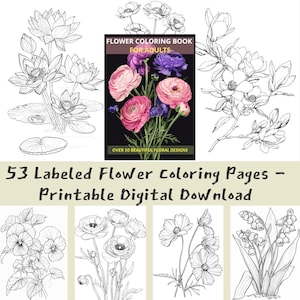 Printable Flower Coloring Book for Adults | 53 Floral Pages | Mindfulness Digital Art | Instant PDF Download