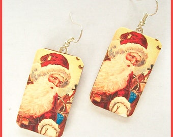 Fun Christmas Earrings 1" x 1 1/2" Colorful Santas Art Earrings Dangle Polymer Clay Earrings Handcrafted Image Transfer