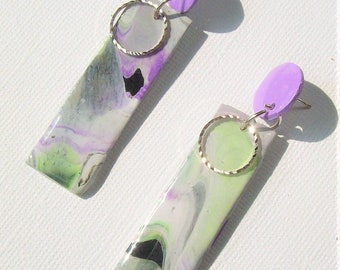 Elegant lavender, white, green and touch of black long narrow rectangle women's dangle earrings polymer clay silver accent circle