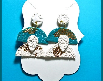 Teal and White Polymer Clay Dangle Earrings Textured Surface Lightweight Unique Style with Posts Gold Leaf,