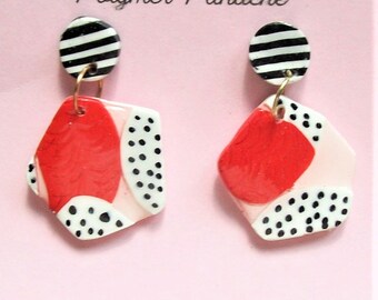 Boho women's earrings dangle red pink white with black dots very unique handmade pentagon shape light weight women's girls' earrings