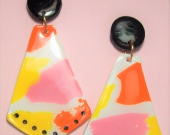 Colorful party summer spring dangles earrings polymer clay red yellow pink on white background women long earrings lightweight colorful