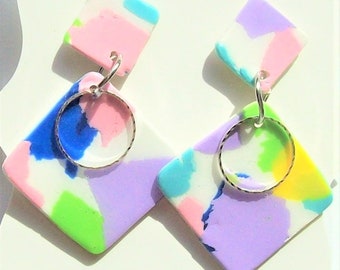 Rainbow colors earrings Polymer Clay Dangles pink purple yellow green blue on white light weight unique silver rings dangle