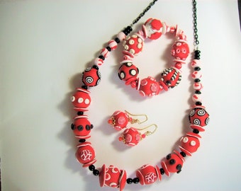 Polymer Clay Chunky Bead Necklace, Bracelet, Earrings, Red, Black and White 18 in.