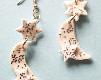 New White Moon and Stars dangle earrings polymer clay and silver glitter white dangle earrings 1 3/4 in. long very light weight handcrafted.