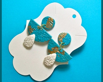 Teal and White Polymer Clay Dangle Earrings Textured Surface Gold Leaf  Lightweight Unique Style with Posts