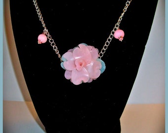 Translucent Pink & Aqua Rose Necklace Polymer Clay 20 in. Floral Flower Necklace Pastel See Through Petals Soft Pink Aqua Silver