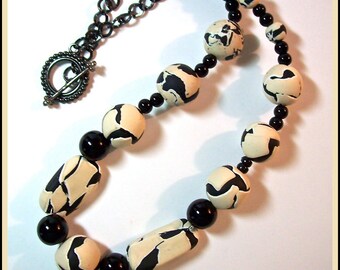 Cream and Black Chunky Necklace 20" Torn Watercolor Technique Polymer Clay Black Glass Beads Light Weight One of a Kind