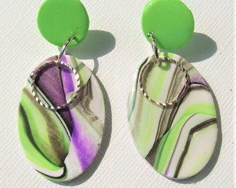 Unique faux stone oval earrings polymer clay women's dangle earrings lightweight white, green, lavender and a touch of black and resin