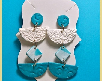 Aqua Teal and White Polymer Clay Dangle Earrings Textured Surface Lightweight Unique Style with Posts