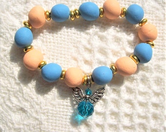 Angel Guardian Bracelet stretch handmade beads peach aqua silver angel with aqua crystal 7 in. women's girls bracelet great for gift