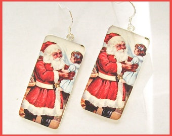 Fun Christmas Earrings 1" x 2" Colorful Santa Art Earrings Dangle Polymer Clay Earrings Handcrafted Image Transfer