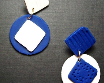 MisMatched polymer clay Geometric dangle earrings women's girl's navy and white diamond and circles very light weight modern style