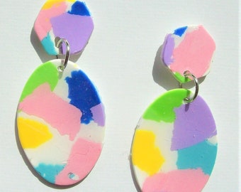 Oval polymer clay Rainbow dangle earrings pastel colors 2" long 1" wide very light weight women's drop earrings pink purple yellow blue