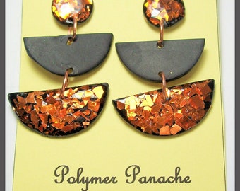 Dangle Earrings Black and Copper Glitter polymer clay glitter and resin coating unique design 2 1/4 long, 1 1/4 wide copper dazzle