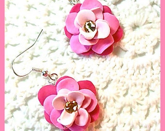 Flower Petal Earrings Polymer Clay Flower Blossoms Swarovski Crystals Dangle Earrings Handcrafted 3 shades of pink