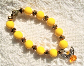 Angel Guardian Bracelet yellow stretch polymer clay beaded bracelet copper crystals and tiny silver angel with golden crystal