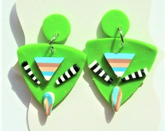 Lime Green polymer clay dangle earrings hand crafted unique design 1 3/4 Long 1" Wide very light weight women's green dangle earrings