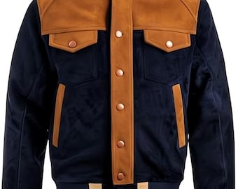 Chaqueta de ante moderna para hombre (azul marino y tostado) / Chaqueta de cuero con bloques de color retro