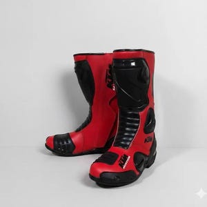 Puede incluir: Par de botas de moto rojas y negras. Las botas tienen un diseño de caña alta con detalles en negro en la puntera, el talón y la espinilla. El logotipo de KTM es visible en el lateral de las botas. Las botas están diseñadas para la protección y el rendimiento.