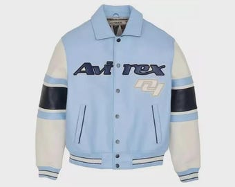 Handmade Avirex USA Varsity Bomber Jacket: Sky Blue Leather Flight Jacket