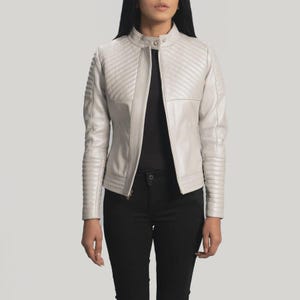 Handmade Silver Quilted Leather Biker Jacket: Women&#39;s Sheepskin Moto Coat