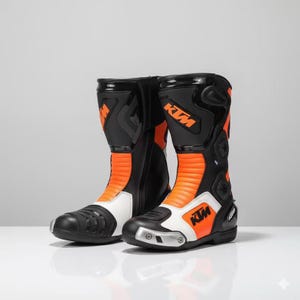 Puede incluir: Par de botas de moto negras y naranjas con detalles en blanco. Las botas presentan el logotipo de KTM en naranja y blanco. Las botas son de cuero y tienen cierre de cremallera. Las botas están diseñadas para la protección y el rendimiento.