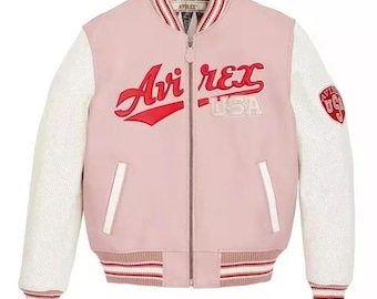 Handmade Pink Avirex USA Varsity Bomber Jacket: Retro Cowhide Leather Biker
