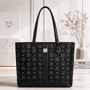 MCM Liz Black Visetos Monogram Tote Bag | Luxury Designer Handbag, Women's Classic Shoulder Bag,