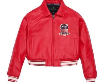 Chaqueta corta de cuero Avirex roja para mujer / Chaqueta bomber militar corta para mujer /