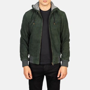 Green Suede Goatskin Leather Bomber Jacket: Fleece Lined Hooded Winter Coat