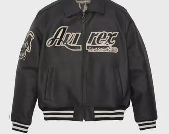 Chaqueta bomber Avirex de piel de vaca hecha a mano: Chaqueta de vuelo Ace negra para hombre