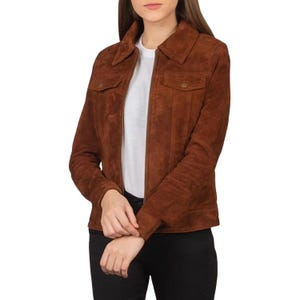 Women&#39;s Brown Suede Sheepskin Trucker Jacket: Casual Leather Outerwear