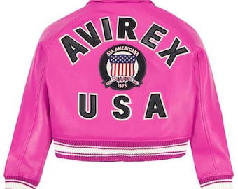 Chaqueta bomber corta de piel de vaca rosa hecha a mano - Avirex USA Icon