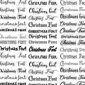 May include: A collection of various "Christmas Font" designs in different styles. The fonts are displayed in black and gray, showcasing a range of calligraphy, serif, and decorative options. Ideal for holiday-themed design projects.