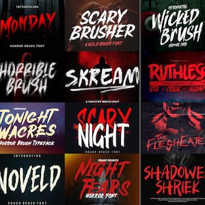 Pode incluir: Uma coleção de fontes com tema de terror com títulos como "Monday", "Scary Brusher" e "Wicked Brush". Cada fonte é exibida em um estilo de pincelada arrojada, com um fundo escuro e ameaçador. As fontes são projetadas para projetos com tema de terror.