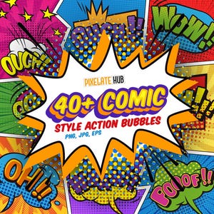 Puede incluir: Una colorida ilustración de cómic con varias burbujas de diálogo y efectos de sonido. La burbuja central muestra "40+ COMIC STYLE ACTION BUBBLES". Otras burbujas muestran exclamaciones como "OUCH" y "OH!!" en estilo pop art.