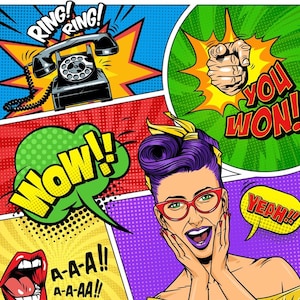 May include: Comic book style illustration with a retro theme. A woman with purple hair and red glasses is excited. Speech bubbles say "Wow!!", "Yeah!!", and "You Won!". A black rotary phone is ringing.