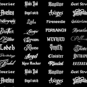 Può includere: Sfondo nero con vari disegni di testo bianco. Il testo include parole come "Courier", "Avelen", "Brother" e "Billion". I caratteri variano dal classico al gotico. Adatto per progetti di graphic design.