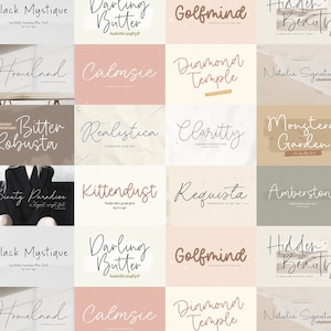 Puede incluir: Una cuadrícula de 20 fuentes manuscritas diferentes, cada una mostrada sobre un fondo único. Las fuentes varían en estilo, con nombres como "Black Mystique", "Darling Butter" y "Golfmind". La paleta de colores incluye pasteles suaves y tonos neutros.