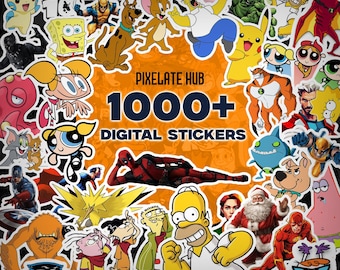 May include: A collection of colorful digital stickers featuring cartoon characters from various animated shows and movies. The stickers include characters like SpongeBob, Pikachu, Homer Simpson, and Deadpool. The image has the text "Pixelate Hub 1000+ Digital Stickers".