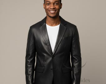 Men's Soft Real Leather Blazer | Slim Fit Two-Button Coat
