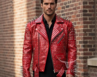 Spiked Studded Leather Biker Jacket with Silver Hardware for Men