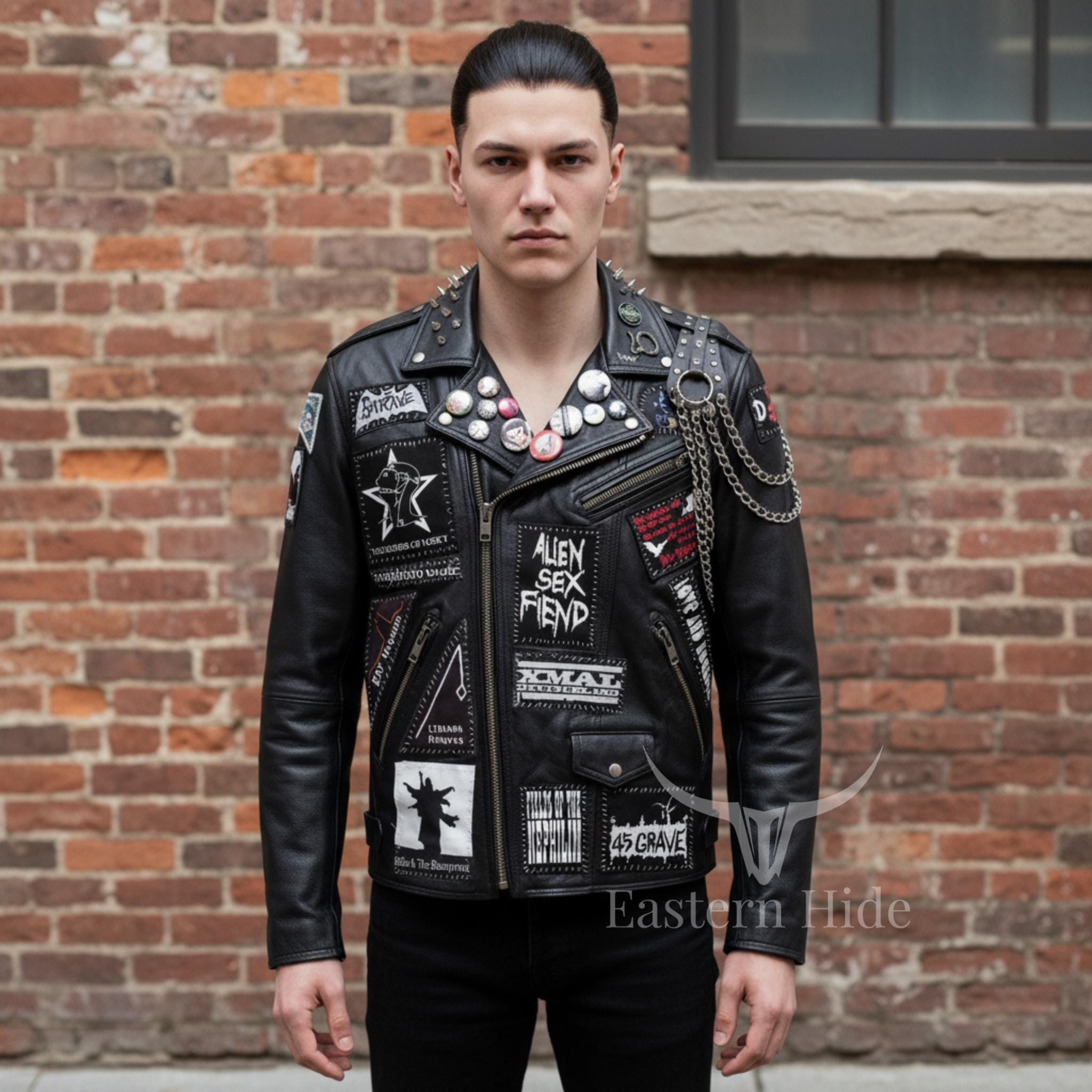 Mens Black Studded Leather Biker Jacket With Punk Band Patches