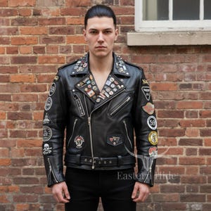 Men Custom Rocker Leather Jacket Studded Norton Triumph Biker Moto Slim Fit Black Cowhide Heavyweight Winter Ace Cafe Patches