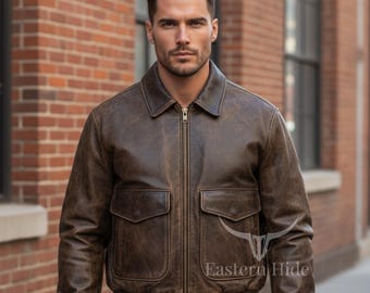 Herr Brun Läderjacka i Sliten Läder Vintage Aviator Bomberjacka