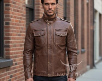 Mens Burnished Brown Leather Field Jacket Utility Moto Stand Collar Coat
