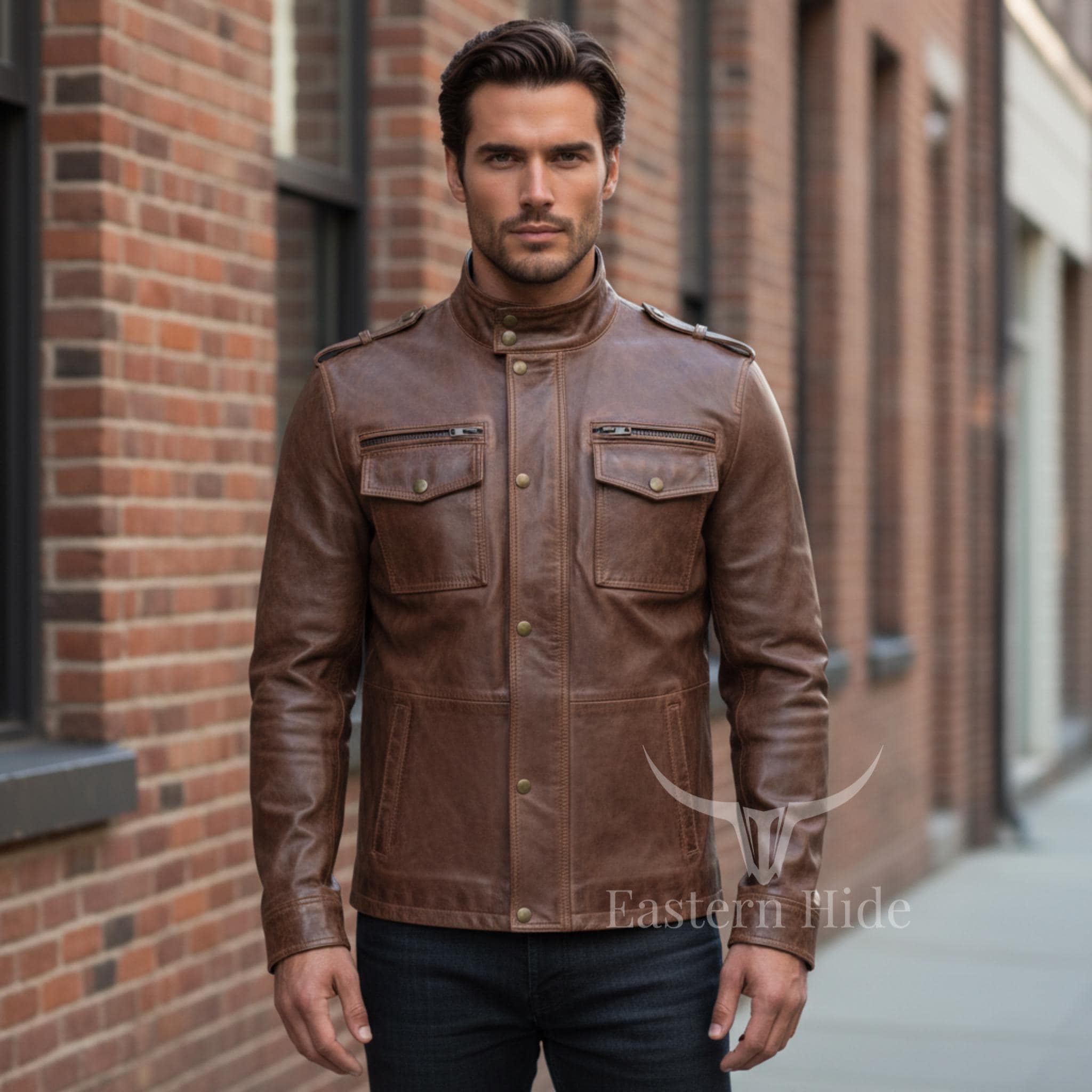 Mens Burnished Brown Leather Field Jacket Utility Moto Stand