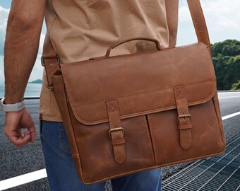 Full Grain Leather Messenger Bag | Handmade 14-inch Laptop Crossbody
