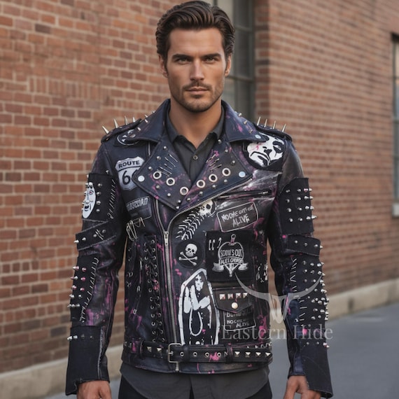Extreme Studded Punk Jacket in Black Leather With Hand-painted
